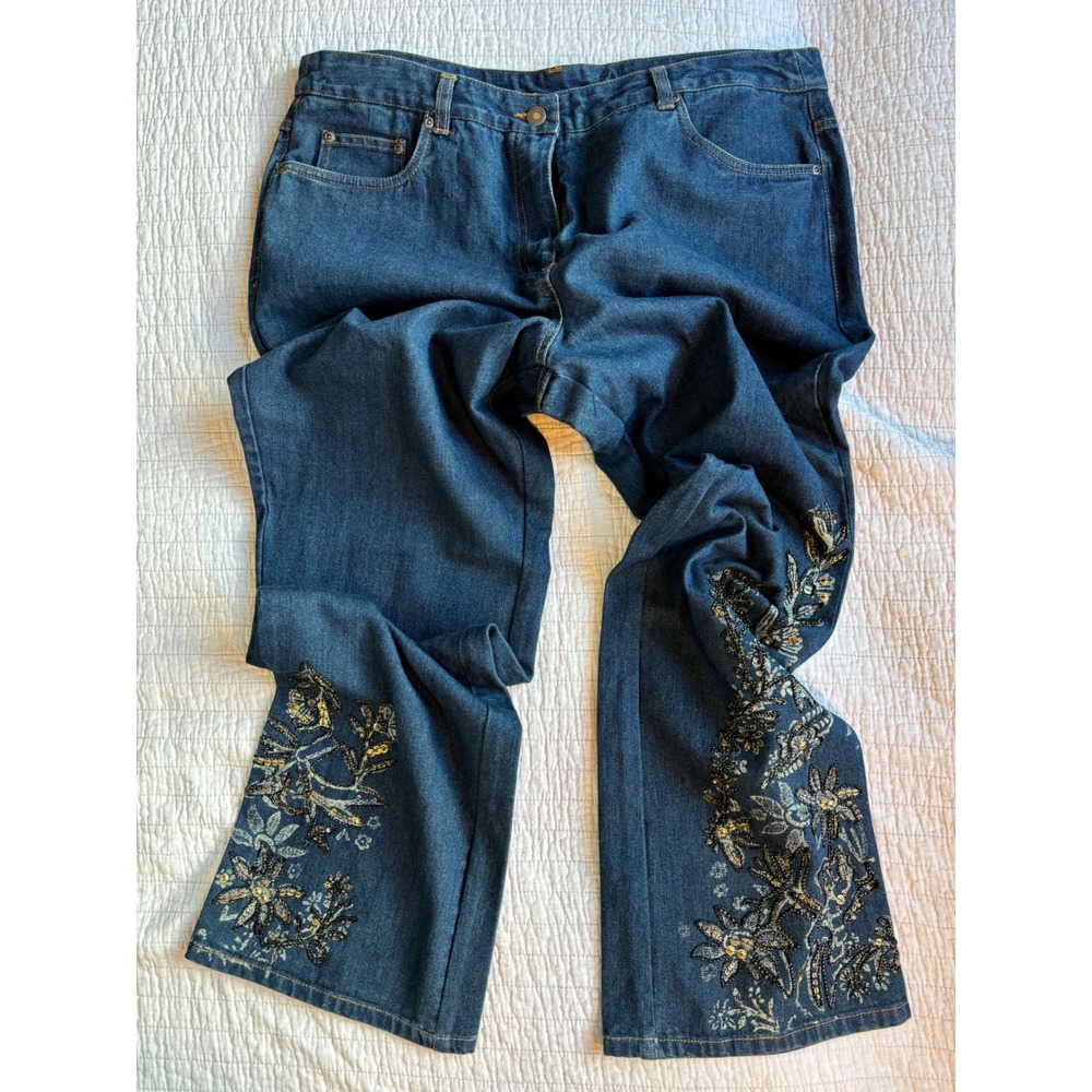 Embroidered Sequin Floral Straight Leg Jeans Medium Wash Blue Denim 40 Waist